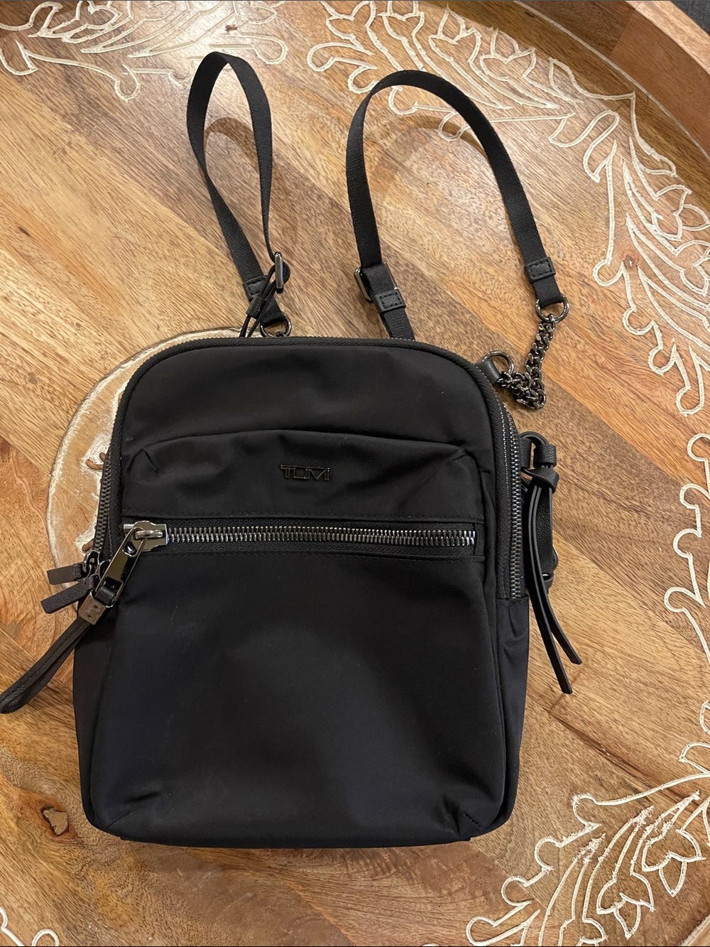 Tumi Black Nylon Crossbody with Front Zip and Chain Accent